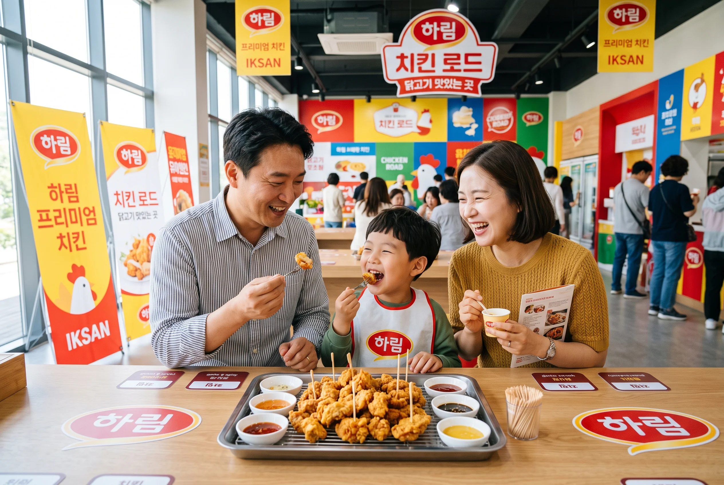 하림 치킨로드 시식하는 가족